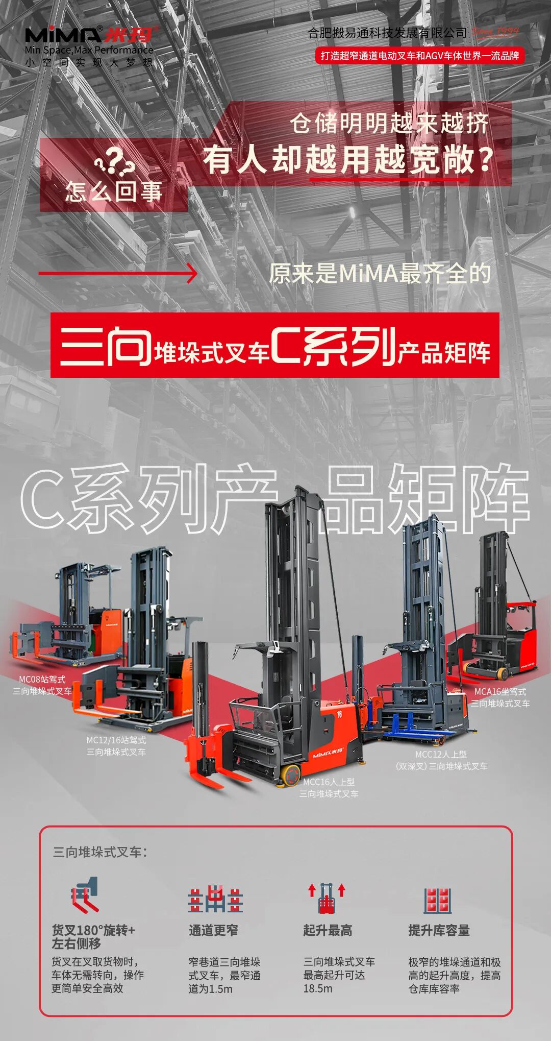 不是所有叉车都叫“三向”！合肥搬易通MiMA C系列，为极致空间而生